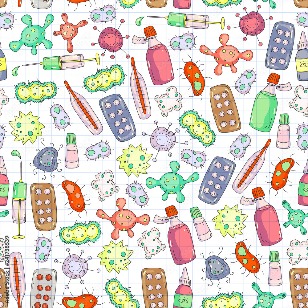 Cough, pills, influenza, flu, sickness. Vector pattern with doodle icons. Healthcare and medicine. Cough, pills, influenza, flu, sickness. Vector pattern with doodle icons. Healthcare and medicine.