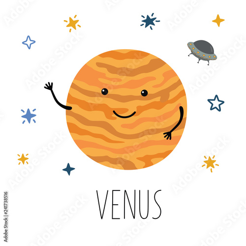 Vector cartoon funny illustration of planet smiling happy Venus in retro flat cartoon style on space star sky. Poster for children room, education.
