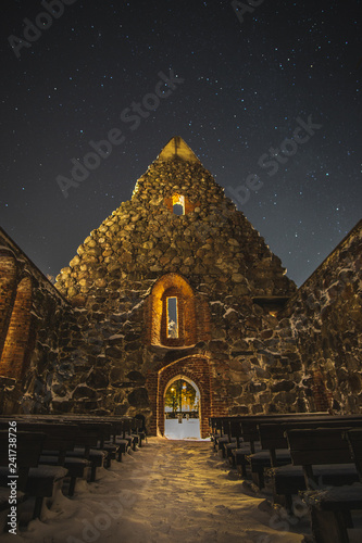 Ruin church at night in Pälkäne, Finland photo