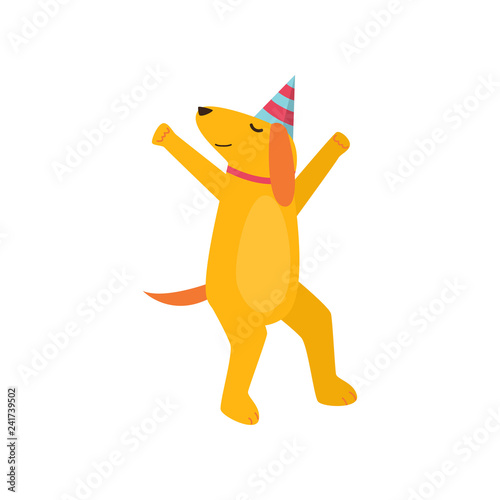  ute cheerful orange dog is having fun and having a great time at a party.