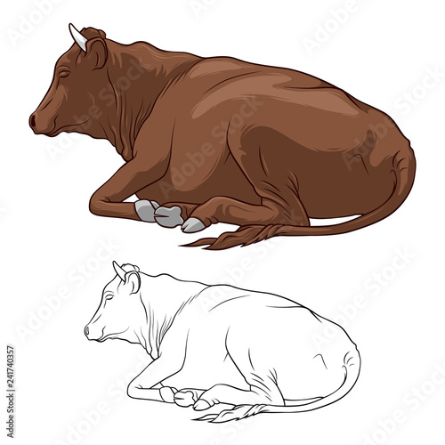 Cow Lying Down. Cow Ore in lines. Cow on white background.