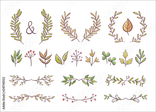 Colorful floral ornaments. Hand drawn wreaths and text dividers made of branches with leaves and berries. Isolated elements. Perfect for invitation cards and page decoration. Vector illustration.