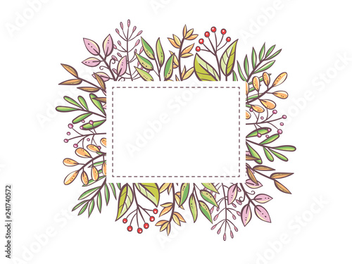 Cute leaves frame template. Hand drawn leaves and berries with an editable blank space in the middle. Floral card template. Vector illustration.