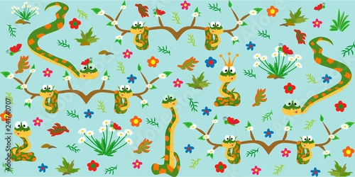 Pattern with cute snakes. Cartoon style. Vector illustration.