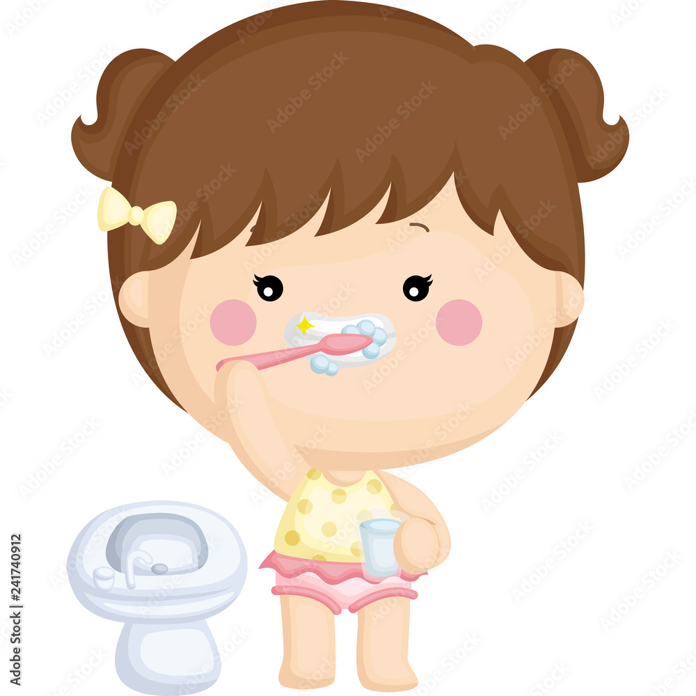 A vector set of a little girl brushing her teeth
