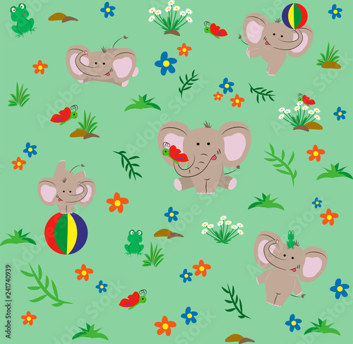 Seamless pattern with nice hand-drawing elephants. Cartoon style. Vector illustration.