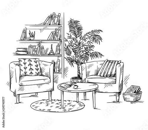 Living room. Two armchairs with coffee teble and a bookshelf vector illustration