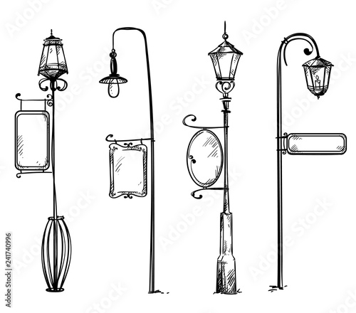 Street lamps with information signs, vector illustration
