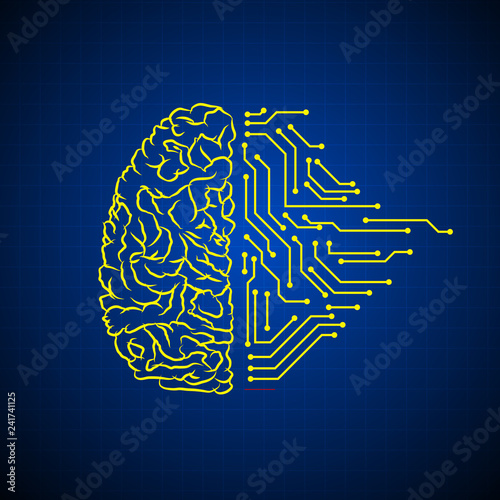 Vector : Brain and electronic circuit on blue background