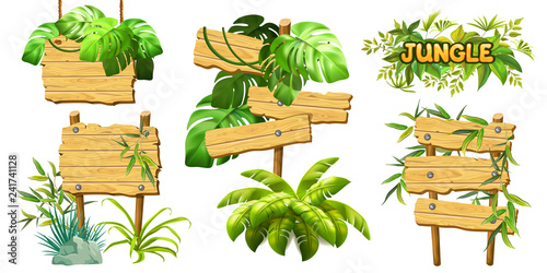 Set old wooden boards decorated leaves liana. Cartoon game panels in jungle style on white background. Isolated 3d vector illustration.