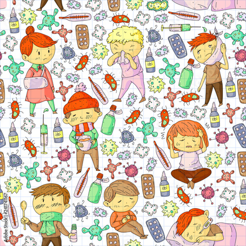 Children medical center. Healthcare illustration. Doodle icons with small kids, infection, fever, cold, virus, illness. © rudut2015