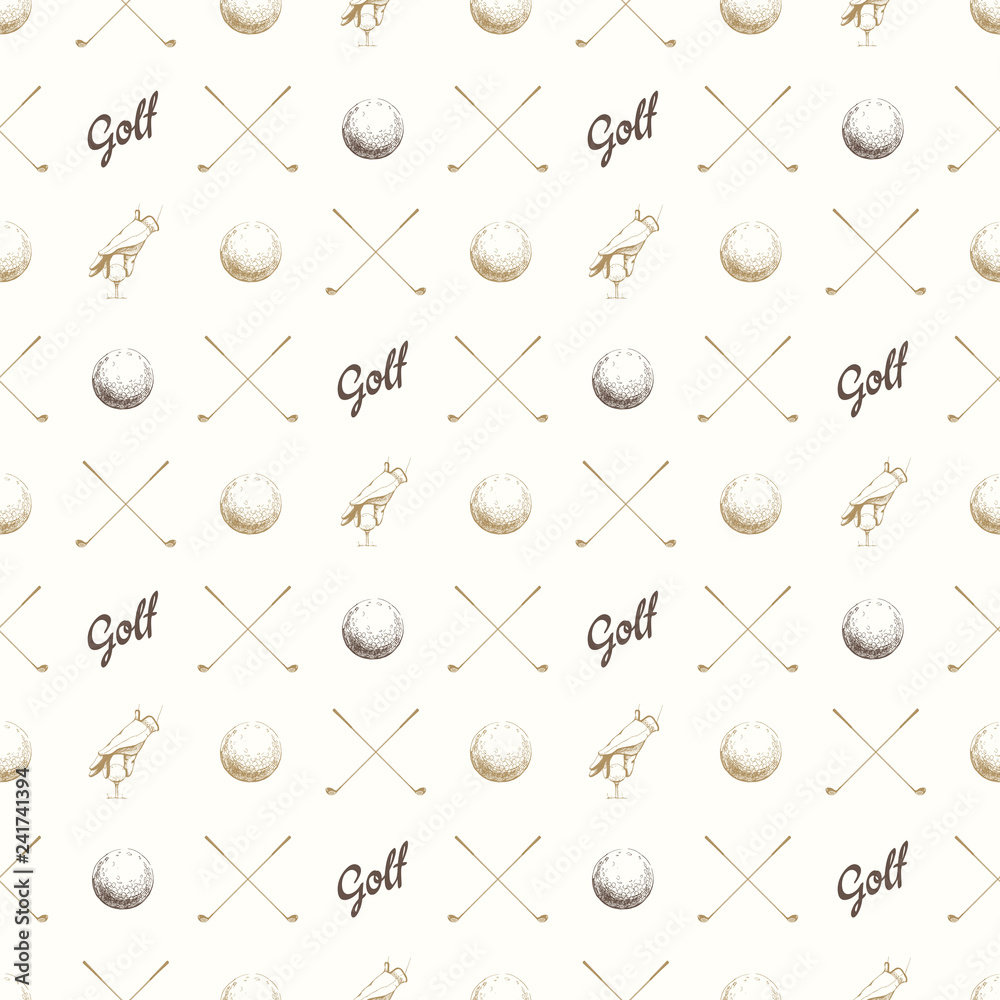 Seamless golf pattern with balls. Vector set of hand-drawn sports equipment. Illustration in sketch style on white background.