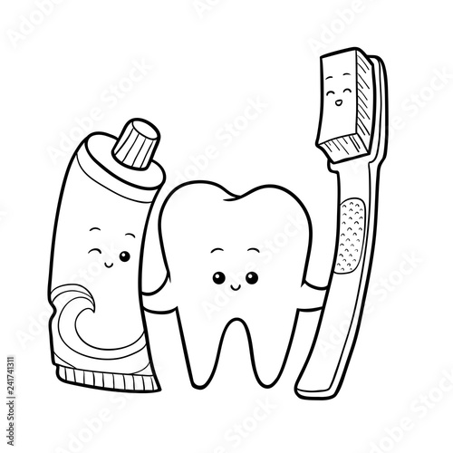 Coloring book, Tooth and toothbrush and toothpaste