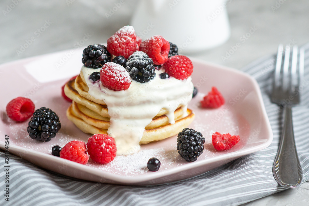 Homemade Pancakes Pastel Pink Plate Sour Cream Berries Coffee Healthy Breakfast Morning Concept Homemade Pancakes Pastel Pink Plate Sour Cream Berries Coffee Healthy Breakfast Morning Concept