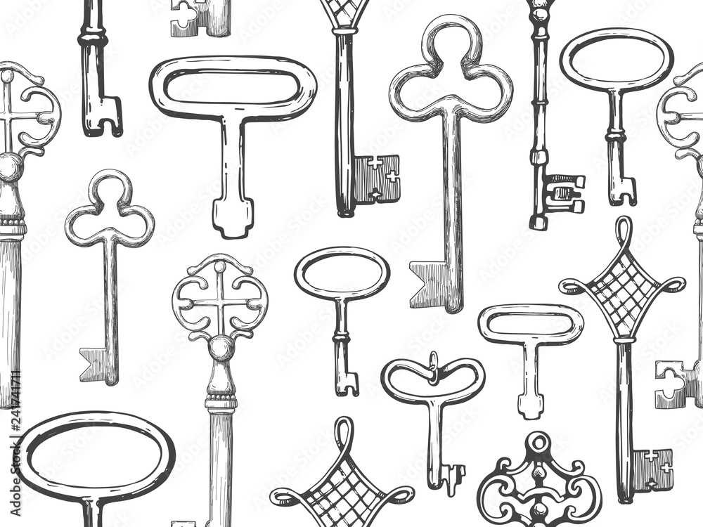 Seamless pattern. Vector set of hand-drawn antique keys, keyholes and locks. Illustration in sketch style on white background. Old design. Seamless pattern. Vector set of hand-drawn antique keys, keyholes and locks. Illustration in sketch style on white background. Old design.