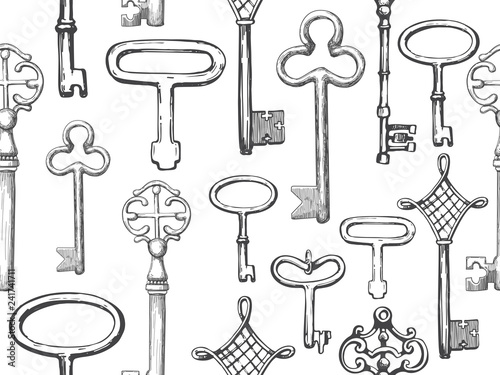 Seamless pattern. Vector set of hand-drawn antique keys, keyholes and locks. Illustration in sketch style on white background. Old design. © monamonash