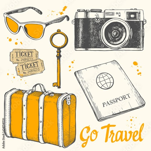 Travel hand-drawn set with sunglasses, tickets, key, camera, passport, suitcase. Vector illustration in sketch style on white background. Brush calligraphy elements. Handwritten ink lettering.
