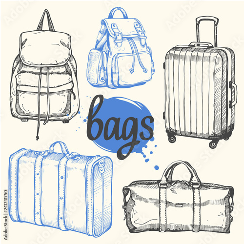 Travel hand-drawn set with bags, backpacks and suitcase. Vector illustration in sketch style on white background. Brush calligraphy elements for your design. Handwritten ink lettering.