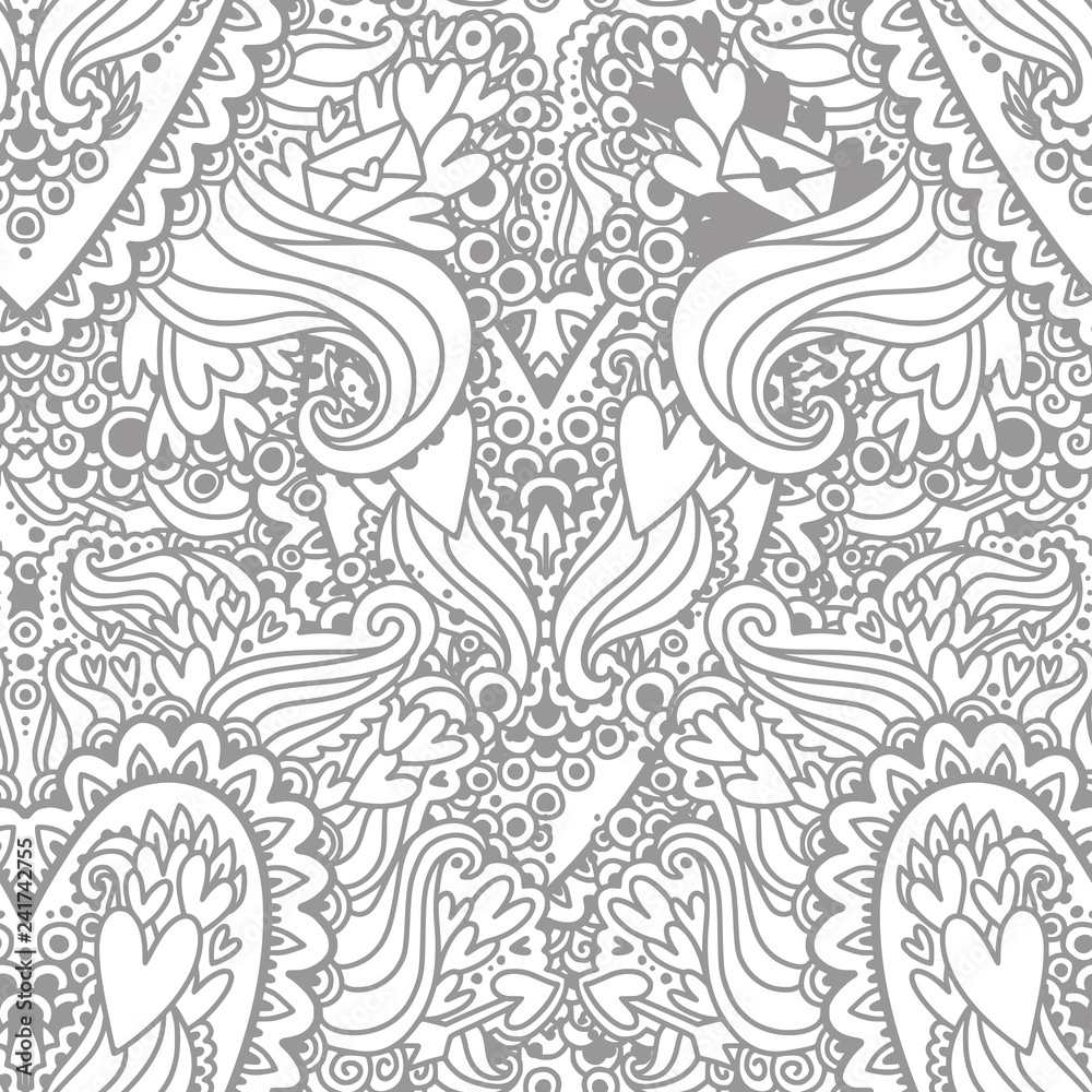 Coloring picture with the doodling hearts pattern.
