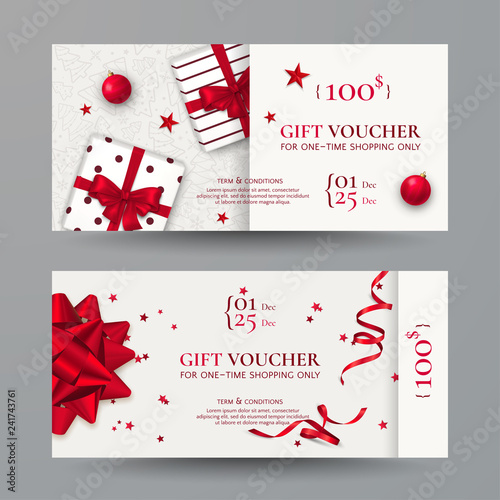 Vector set of elegant Christmas gift vouchers with realistic red bows, gift boxes, toys, ribbons, stars and confetti. Festive background for design of gift cards, coupons and holiday certificates.