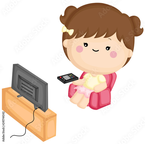 A vector set of a cute little girl watching television at home