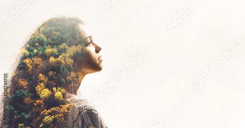 Vászonkép Portrait of young girl and fall forest.