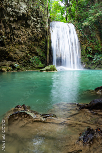 Erawan Falls (The third waterfall – Pha Nam Tok) with emerald green pond in Erawan National Park.