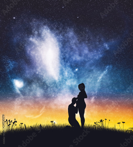 Man kissing pregnant woman's belly on starry sky.