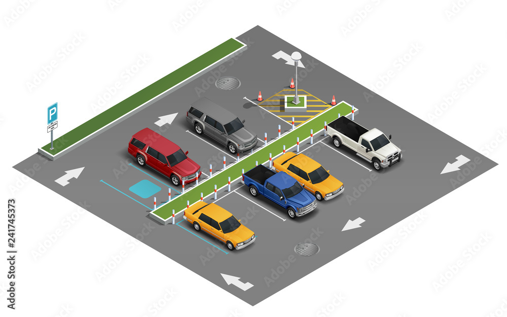 Transport Parking Isometric Composition  - obrazy, fototapety, plakaty 
