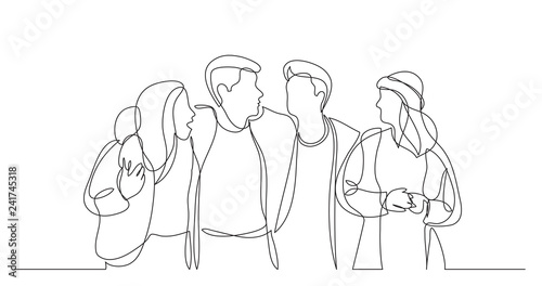 four close friends walking together - one line drawing