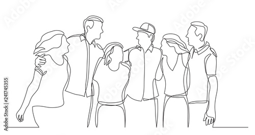 group of happy friends standing together and laughing - one line drawing