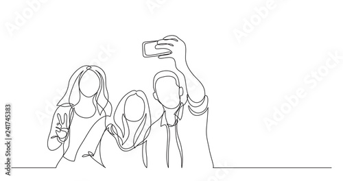 group of happy young friends making selfie - one line drawing photo