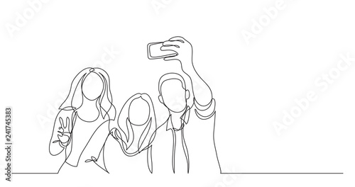 group of happy young friends making selfie - one line drawing