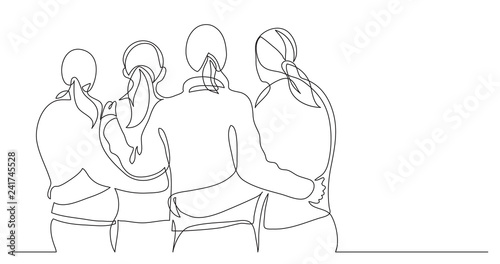 four female friends standing together watching sunset - one line drawing