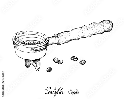 Coffee Time, Illustration Hand Drawn Sketch of Roasted Coffee Beans in Metal Portafilter or Filter Holder of Espresso Machine.