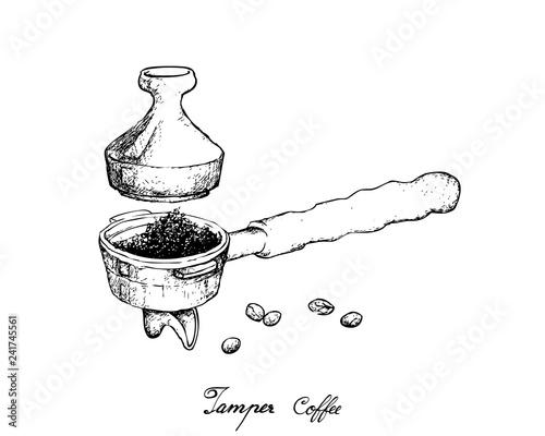 Coffee Time, Illustration Hand Drawn Sketch of Roasted Coffee Beans in Metal Portafilter or Filter Holder with Tamper of Espresso Machine.