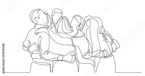 team members celebrating standing together as friends - one line drawing
