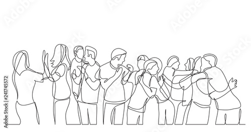 large team of friends cheering and celebrating success - one line drawing photo