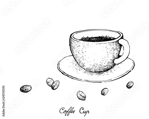 Illustration Hand Drawn Sketch of A Cup of Coffee with Roasted Coffee Bean Isolated on White Background.