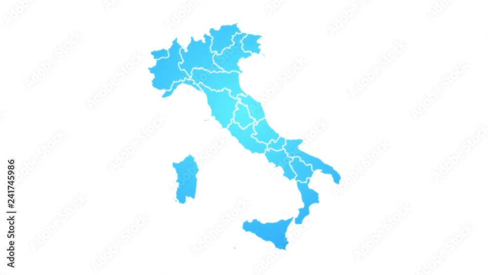 Italy Map Showing Up Intro With New Regions/ 4k animated italy map intro background with new administrative regions appearing and fading one by one and camera movement