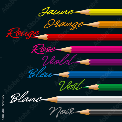 Alignement de crayons de coloris différents, associés par les mots, à leurs couleurs respectives
