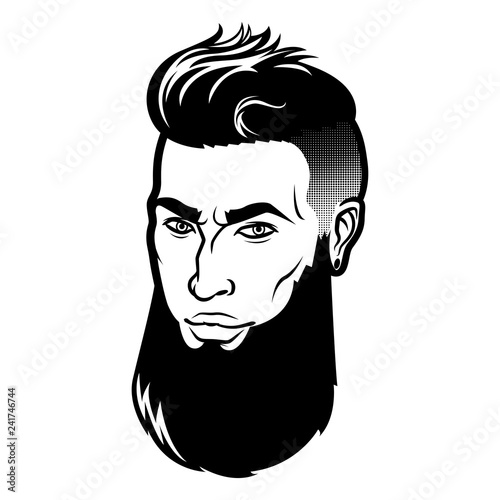 Vector bearded men face hipster head with haircuts, mustaches and beards. For Silhouettes or avatars, emblems and icons, labels