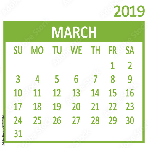 March. Third page of set. Calendar 2019, template. Week starts from Sunday. Vector illustration