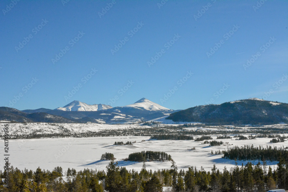 Snow covered rocky mountains in Colorado. 