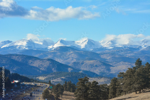 View of the Rocky Mountains surrounding Denver, Colorado.