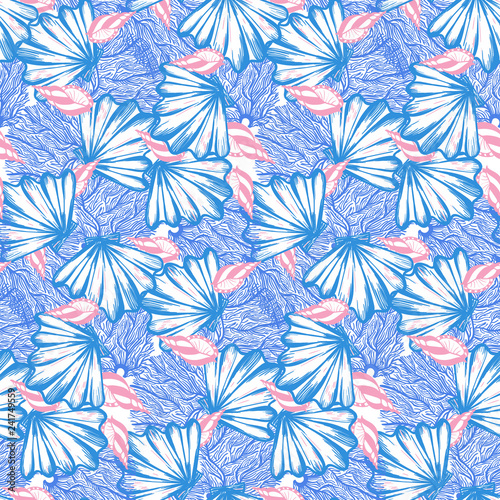 Vector seamless nautical pattern with hand drawn striped shells