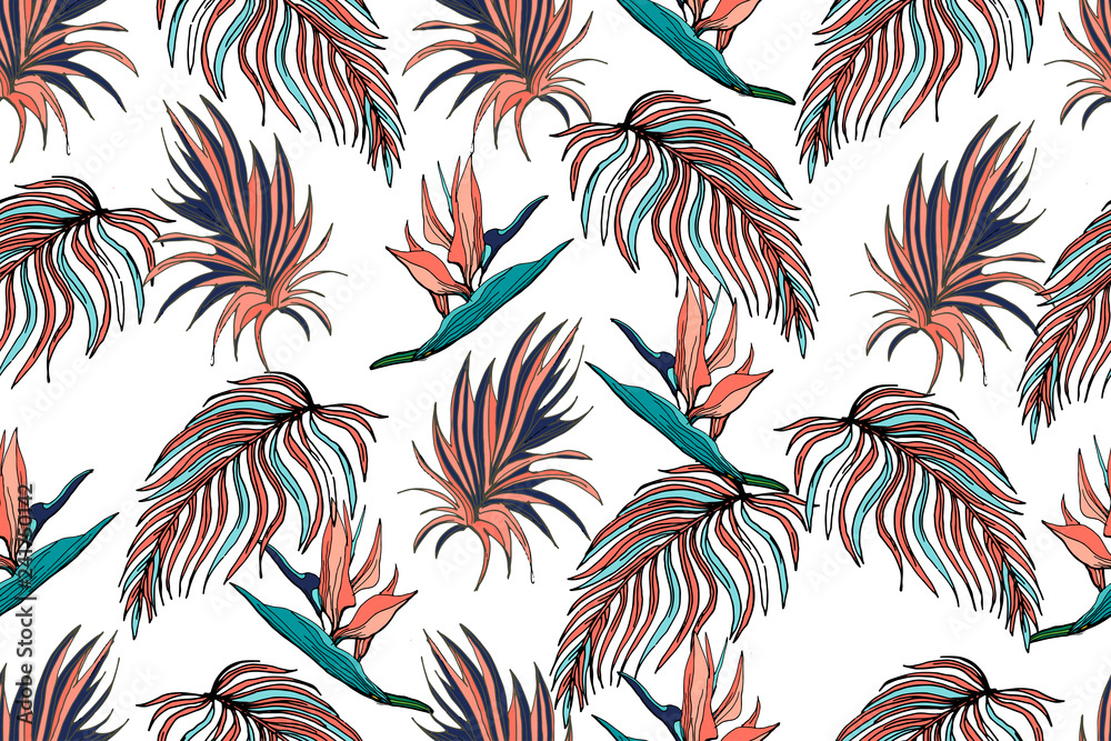 Plakat Seamless tropical pattern in coral palm leaves and monstera. Tropical background for textile, wallpaper, pattern fills, covers, surface, print, wrap, scrapbooking.