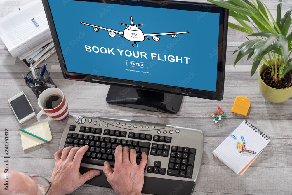 Flight booking concept on a computer Flight booking concept on a computer