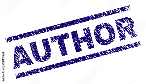 AUTHOR seal print with scratced style. Blue vector rubber print of AUTHOR tag with unclean texture. Text tag is placed between parallel lines.