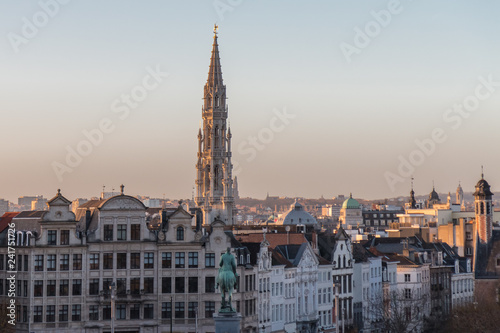 Cityscape of Brussels, capital of Belgium, and City hall tower in beautiful early evening